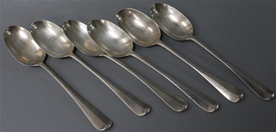 Six Victorian and later silver Hanovarian rat-tail pattern table spoons, Goldsmiths & Silversmiths Co Ltd, London, 1899/1904.